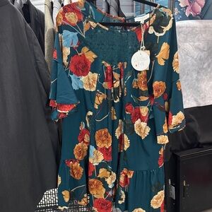 Umgee Floral Teal Dress with Red and Yellow Accents